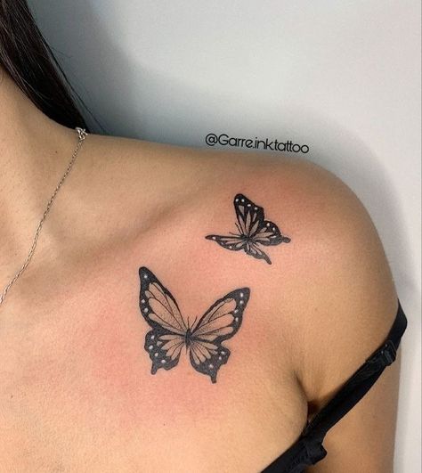 You know what's worse than having a messed up tattoo design on your skin forever? Getting called out about that epic fail online. Tattoos On Your Chest For Women, Butterflies On Chest Tattoo, Female Butterfly Tattoos, Butterflies On Collar Bone Tattoo, Collet Bone Tattoo Women, Cute Tattoos Shoulder, Cute Butterfly Tattoos For Women, Butterfly Tattoo Inspiration, Butterfly Tattoo On Back Shoulder