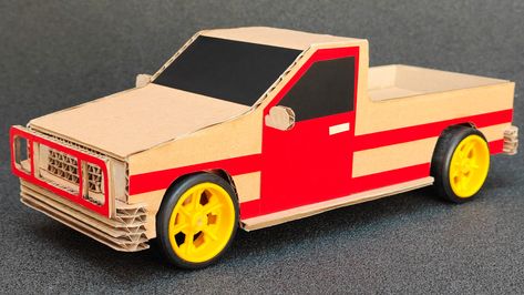 Simple Cardboard Truck. How to make a Simple Truck with Cardboard? Diy Cardboard Truck, Truck Out Of Cardboard Boxes, Diy Cardboard Pickup Truck, Easy Cardboard Box Car, Cardboard Truck, Jeep Cardboard Box Car, Cardboard Projects, Cardboard Car, Truck Diy