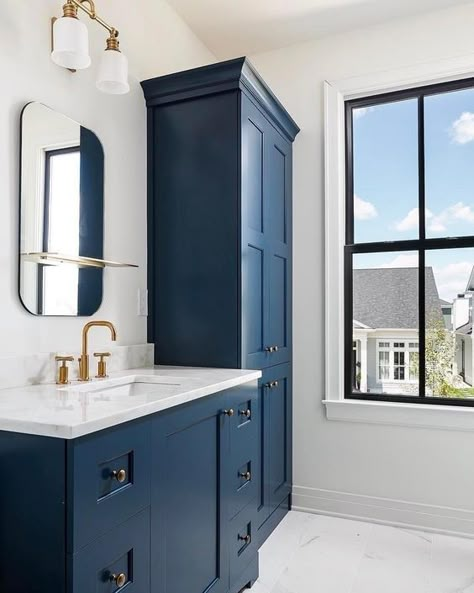 Gentleman's Gray Bathroom Blue Bathroom Vanity, Bathroom Vanity Designs, Blue Vanity, Paint Colors Benjamin Moore, Vanity Design, Blue Cabinets, Trendy Bathroom, Blue Bathroom, Grey Bathrooms