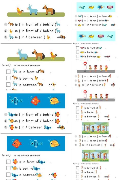 Position Words Worksheet Grade 1, In Front Of Behind Between Worksheet, Grade 1 Math Worksheets, Grade 1 Math, Fruits Name In English, English Corner, Picture Comprehension, Worksheets For Class 1, Sentence Correction