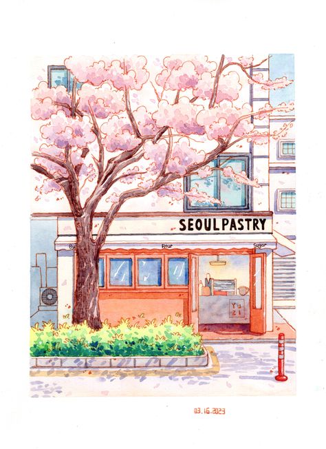 Art Korean Drawings, Korean Painting Aesthetic, Cute Scenery Drawing, Korea Drawing, Cherry Blossom Illustration, Korean Bakery, Korean Drawing, Korean Illustration, Bakery Store