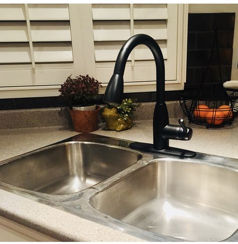 Replace out-dated faucet with classic black farm-style faucet. Black Kitchen Faucet, Black Kitchen Faucets, Black Kitchen, Farm Style, Kitchen Faucet, Rustic Decor, Kitchen Remodel, Classic Black, Faucet