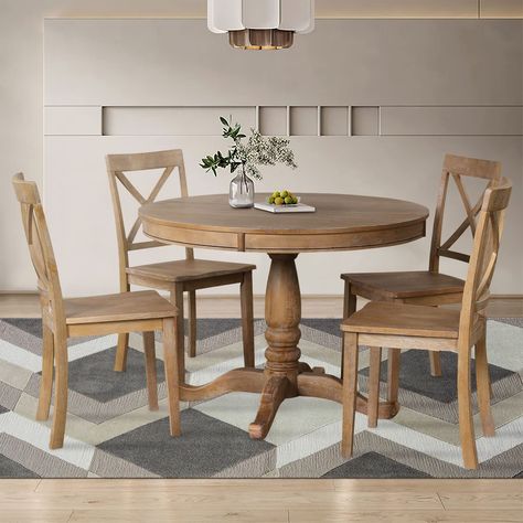 PRICES MAY VARY. 🪑【Dining Table Set】This 5-piece dining table set is elegant and simple, not only perfectly blends with any style of home decoration, but also adds a stylish feel to your space. 🪑【Durable & Sturdy】The tabletop is reinforced with solid MDF board and top covered with rubber wood veneer ensures years of sturdy use.The tabletop style is not only elegant to the touch, but also wear-resistant and heat-resistant, it can be placed on any food and drink. 🪑【4 Solid Wood Dining Chairs】4 Vintage Table And Chairs Dining Sets, Round Dining Table Kitchen Nook, Round Table Black Chairs, Round Dining Table And Chairs, Farmhouse Round Dining Table, Retro Dining Table, Breakfast Nook Table, Round Pedestal Dining, Modern Farmhouse Table