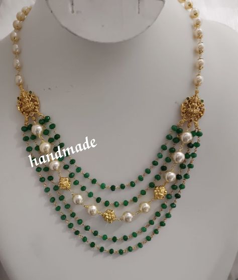 Beads Collection Gold, Pearl Haram Design, Beads Chains Designs, Green Beads Jewellery Designs, Pearl Chain Designs In Gold, Latest Beads Jewellery Designs, Beads Jewelry Indian Gold, Green Pearl Necklace, Fashion Jewelry Necklaces Gold