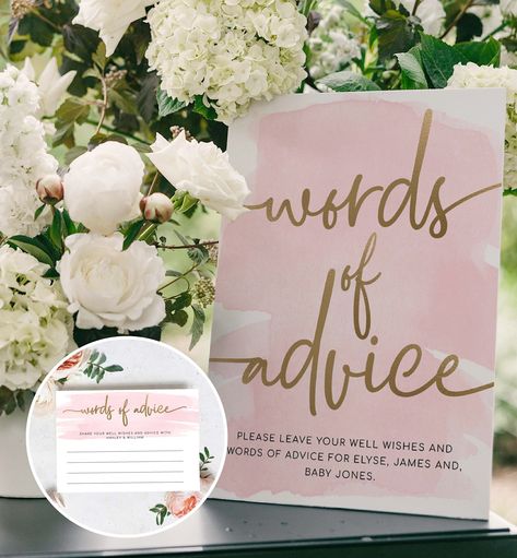 Words of Advice Sign and Card, Pink Watercolour, Baby Shower New Parents Advice Cards, Printable Bridal Shower Newlyweds Advice Game Parent Advice Cards, Mom-osa Bar Sign, Words Of Advice, Mom-osa Bar, Advice For Newlyweds, New Parent Advice, Junk Mail, Shower Bebe, Advice Cards