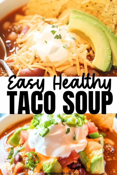 Get this yummy, delicious and oh so easy and healthy stove top taco soup made with ground beef, diced tomatoes, taco seasoning and more. Save this pin for later! Clean Eating Taco Soup, Clean Taco Soup, Taco Soup Macro Friendly, Healthy Crockpot Taco Soup, Easy Soup Recipes Few Ingredients Healthy, Taco Soup With Cream Cheese Ground Beef, Beef Taco Soup Crockpot, Easy Healthy Soup Recipes Clean Eating, Low Sodium Taco Soup