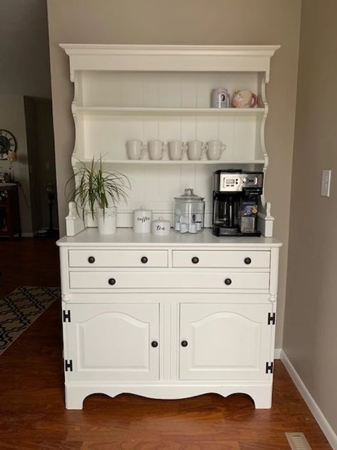 Bin Primer, Hutch Coffee Bar, Tv Hutch, Coffee Bar Hutch, Benjamin Moore Advance Paint, Bar Hutch, Bronze Spray Paint, Hutch Makeover, Paint White