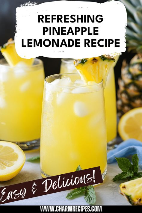 Enjoy this refreshing Pineapple Lemonade recipe that brings tropical vibes to your sunny days. This drink is ideal for parties, barbecues, or any gathering where you want to impress your guests with a taste of summer. Made with fresh pineapple, tangy lemons, and a hint of sweetness, it's a simple blend that doesn't require hours in the kitchen. Perfectly hydrating and delightful, this easy drink will be a hit whether you're lounging by the pool or hanging out in the backyard. Drinks Recipes Nonalcoholic, Refreshing Drinks Nonalcoholic, Fresh Lemon Recipes, Pineapple Lemonade Recipe, Cool Whip Pies, Pineapple Lemonade, Ripe Pineapple, Drink Recipes Nonalcoholic, Lemonade Recipe