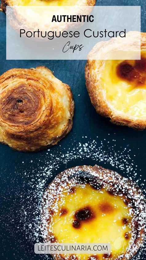 This pastéis de nata recipe makes as-close-to-authentic Portuguese custard tarts with a rich egg custard nestled in shatteringly crisp pastry. Tastes like home, even if you're not from Portugal. Portuguese Tarts Recipe, Portugese Tarts Recipe, Portuguese Custard Cups, Custard Cups Recipe, Portugese Tarts Easy, Easy Portuguese Custard Tarts, Portugal Custard Tarts, Portuguese Pastry, Portuguese Egg Tart Recipe