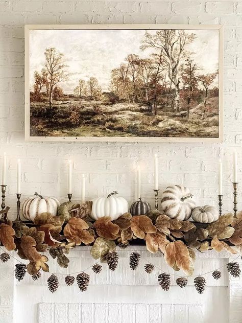 Maple Leaf Branch, Old Window Panes, Fall Mantel Decor, Pinecone Garland, Easy Diys, Halloween Mantel, Gold Pumpkins, Entertaining Gifts, Bird Figure