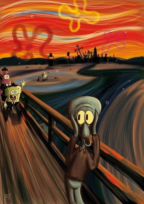 Funny Artwork, Le Cri, Spongebob Wallpaper, The Scream, Art Parody, Edvard Munch, Trippy Art, Abstract Canvas Painting, Star Wars Art