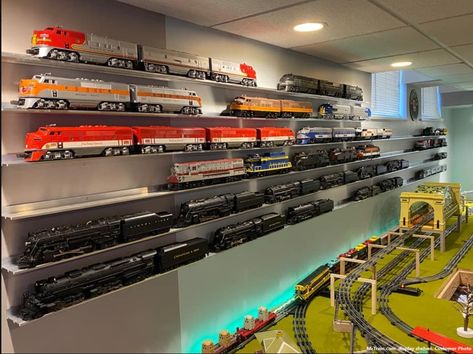 Thursday is one day closer to "Train Time Weekend". We love 😍 customer photos. MrTrain.com train shelves look even better with an awesome collection sitting on them. Order your S, HO or O gauge train shelves to make a statement on your walls! #trains #displayshelves #modeltrains #modelrailroad #toytrains #lioneltrains #americanflyer #oscaletrains #oscale #hoscale #hoscaletrains #ogauge #ogaugetrains #customer #gifts #hobby #hobbyshop #railroad #railroadphotography #trainhobby #hobbyworld #hob... Train Table Layout, Toy Train Layouts, Lionel Train Sets, Train Display, Model Train Table, Old Train Station, Train Room, Tool Storage Diy, Lego Trains