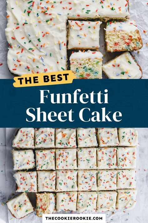 Funfetti Sheet Cake is such an easy way to make a cake for any birthday, party, or occasion. It’s so moist and sprinkled to rainbow-speckled perfection! Fresh vanilla cake topped with homemade icing and confetti sprinkles, it’s easy to serve a whole crowd with this birthday sheet cake recipe. Confetti Sheet Cake, Best Homemade Icing, Sheet Cake Icing, Vanilla Sheet Cake Recipe, Funfetti Sheet Cake, Cake With Rainbow Sprinkles, The Cookie Rookie Recipes, Confetti Explosion, Easy Birthday Cake Recipes