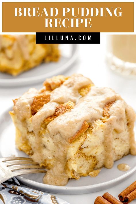 This easy bread pudding recipe is a cozy old-fashioned dessert made with simple ingredients and is completely addicting. #breadpudding #breadpuddingrecipe #dessert #dessertrecipe Bread Pudding Recipe With Vanilla Sauce, Easy Bread Pudding Recipe, Bread Pudding Sauce, Easy Bread Pudding, Easy Custard, Bread Pudding Easy, Old Fashioned Bread Pudding, Bread And Butter Pudding, Bread Pudding Recipe