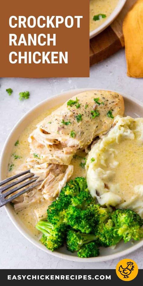 Creamy and flavorful, this 4 ingredient Crockpot ranch chicken recipe is my favorite dump-and-go dinner! All I have to do is throw some chicken breasts, a packet of ranch, a can of cream of chicken soup, and some butter into my slow cooker, and let it do its thing. Talk about an easy and delicious family meal! Dinner Recipes With Ranch Seasoning, Chicken In The Crockpot Boneless, Chicken Ranch Recipes Crock Pots, Quick Crockpot Recipes 2 Hours Chicken, Healthy Chicken Breast Crockpot Recipes, Crockpot Chicken Ranch Recipes, Chicken With Ranch Packet, Chicken With Ranch Seasoning Packet, Chicken Recipes In Crockpot