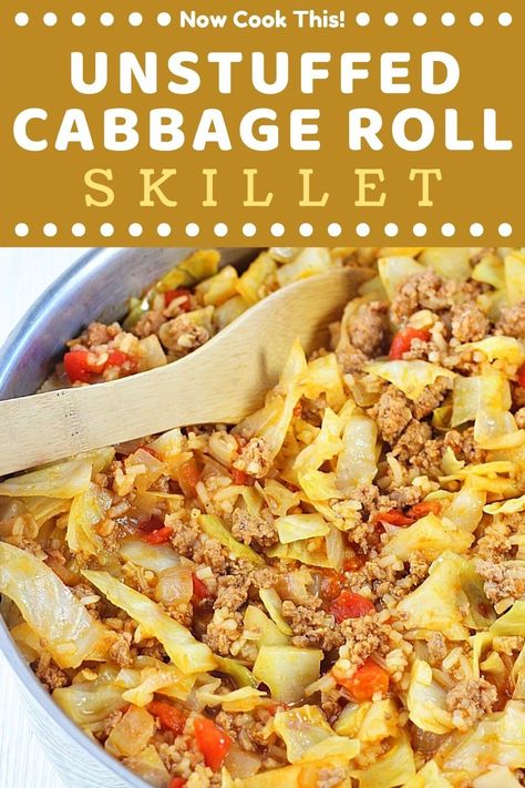 This easy one-pan Unstuffed Cabbage Roll Skillet has everything that you love about traditional stuffed cabbage rolls - ground meat, onions, garlic, rice, and cabbage in a delicious tomato sauce - without all the work! It's a delicious dinner that's ready in only about 40 minutes. Get the recipe and give it a try! #unstuffedcabbagerolls #cabbagerolls #cabbage #polishfood #onepanmeals Cabbage Roll Skillet, Rice And Cabbage, Polish Stuffed Cabbage, Unstuffed Cabbage Rolls, Cabbage Casserole Recipes, Cabbage Roll Casserole, Ground Beef And Cabbage, Stuffed Cabbage Rolls, Cabbage Rice