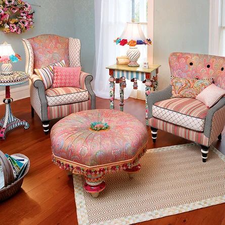 Mackenzie Childs End Table with Storage | Wayfair Downstairs Ideas, Mackenzie Childs Furniture, Wonderland Room, Victorian Manor, Parlor Chair, Mckenzie And Childs, Mackenzie Childs Inspired, Wing Chairs, Musical Chairs