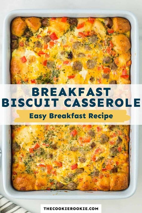 This Biscuit Breakfast Casserole serves up sausage, eggs, peppers, cheese on top of a buttery biscuit base - a super easy and hearty and delicious way to start your day! Biscuit Egg Bake Breakfast Casserole, Biscuit And Egg Casserole, Grands Biscuit Recipes, Biscuit Breakfast Casserole, Grand Biscuit Recipes, Pillsbury Biscuit Recipes, Baked Breakfast Casserole, Biscuit Breakfast, Breakfast Casserole With Biscuits