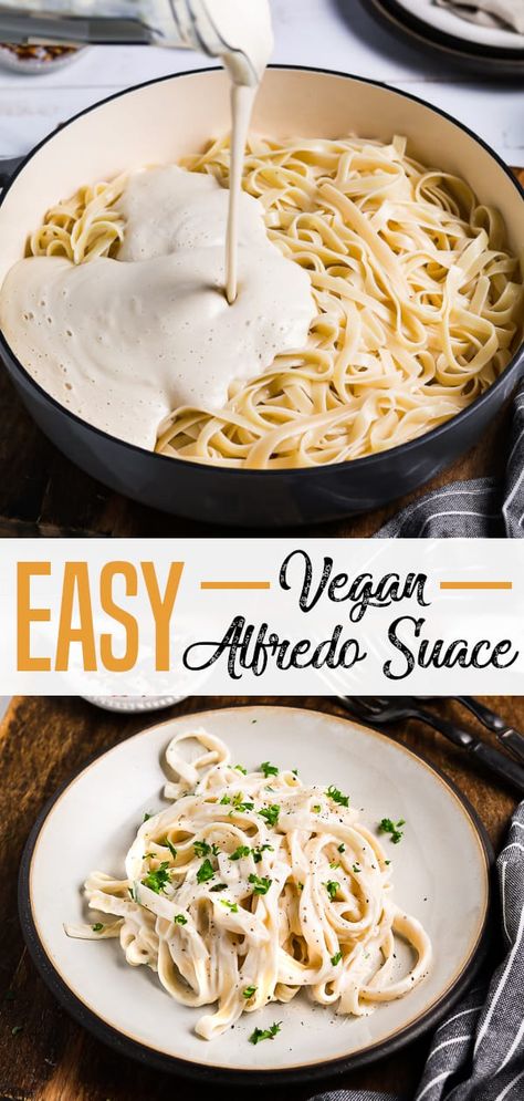 For a winning meal, serve this Easy Vegan Alfredo Sauce topped on freshly-cooked pasta. It'll be a surefire hit with a hungry crowd and will take you no time at all. Just 25 minutes! The base is made with cauliflower and cashews which creates and ultra-creamy and luxurious sauce. via @veganhuggs Easy Vegan Alfredo Sauce, Wheat Allergy, Vegan Alfredo Sauce, Vegan Alfredo, Resep Pasta, Healthy Pantry, Cooked Pasta, Alfredo Sauce Recipe, Vegan Pasta Recipes