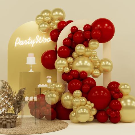 Red And Gold Holiday Decor, Red And Gold Birthday Party Decorations For Women, Red And Gold Balloons Decoration, Hollywood Balloon Arch, Red Decorations Party, Red And Gold Balloons, Red And Gold Party, Red And Gold Decorations, Gold Balloons Decorations