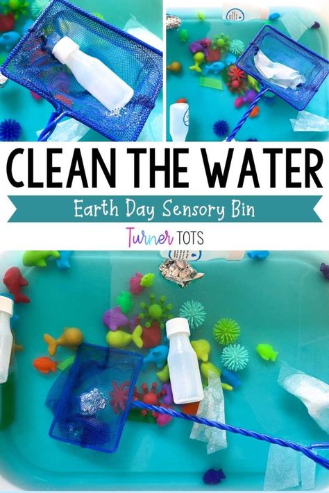 Looking for a fun activity for your Earth Day weekly lesson plans? Look no further than the clean the water sensory bin! This Earth Day sensory bin will help your little ones learn about the importance of clean water while working on fine motor development. Scoop the trash out of the water with this fine motor activity. See this and more Earth Day activities at turnertots.com. Water Cycle Sensory Bin, See Activities For Preschool, Recycling Sensory Bin, Earth Day Sensory Bin, Earth Day Sensory, Water Sensory Bin, Play Dough Invitation, Fine Motor Development, Fine Motor Activity