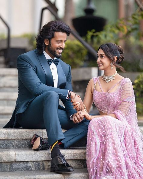 Eka | Dreamy showdown for the Reception! Celebrating the power of love with @aishwaryaarjun wearing a quartz pink pre-draped saree by… | Instagram Pink Saree Couple Outfit, Tuxedo And Saree Couple, Pink Reception Saree, Suit And Saree Couple, Saree Engagement, Uncut Jewellery, Indian Wedding Reception Outfits, Engagement Looks, Jewellery Choker