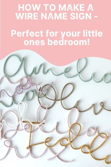 Do you want to make a personalized name sign that will add a touch of creativity to your child's bedroom decor? Whether you're looking for wire names signs or other unique wire art, this YouTube tutorial has you covered. With step-by-step instructions and easy-to-follow guidance, you'll be able to make a signs in no time. Why not make one for another part of your house, like your kitchen, cocktail bar or home gym? Click the link to watch the YouTube tutorial and get creating!😍 Crochet Wire Names Letters, Diy Wire Name Sign, Yarn Wrapped Wire Words, Diy Wire Wall Art, Knitted Name Sign Diy, Spool Knitting Tutorial, Knitted Wire Names Tutorial, Wire Knitting Tutorial, Knitted Wire Art Tutorial