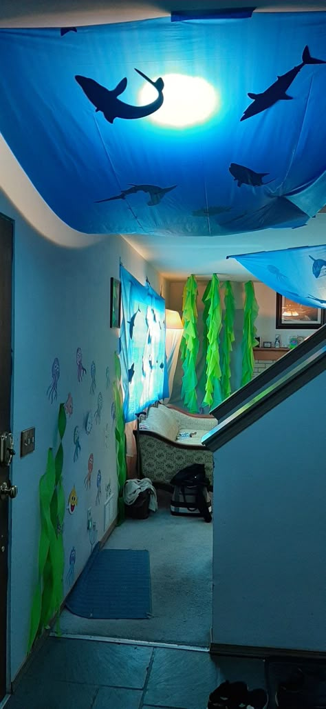 Ocean Theme Sensory Room, Under The Sea Sensory Room, Ocean Sensory Room, Ocean Ceiling, Sea Birthday Party Decorations, Under The Sea Party Decorations, Sea Party Decorations, Ocean Vbs, Shark Silhouette