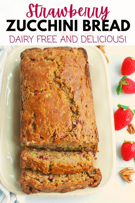 Zucchini Bread Dairy Free, Strawberry Zucchini Bread Recipes, Dairy Free Quick Bread, Strawberry Zucchini Bread, Dairy Free Zucchini Bread, Strawberry Zucchini, Zucchini Recipes Dessert, Strawberry Bread, Dairy Free Snacks