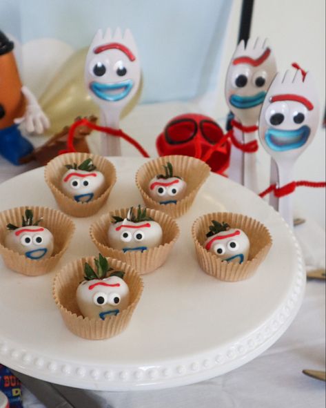 Toy Story themed birthday party food and decor, Easy DIY Forky chocolate covered strawberries, toy story birthday party, Disney birthday, two infinity and beyond, toy story 4, build your own forky kit, diy forky kit, kids birthday party games, birthday party appetizers, birthday party desserts Toy Story Theme Shirts, Buzz Lightyear Strawberries, Toy Story Birthday 2 Infinity And Beyond, You Story Themed Food, Toy Story Themed Strawberries, Forky Themed Birthday Party, Toy Story Jello Ideas, Buzz Lightyear Two Infinity And Beyond, Two Infinity And Beyond Birthday Desserts