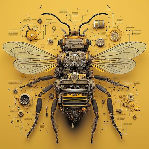 Follow for more Æsthetica ♠ Pinterest, instagram, aesthetic, twitter, wallpaper, bee, mecha, futuristic, nature, animal, yellow, black Futuristic Steampunk Aesthetic, Robotic Insects, Steampunk Insects, Futuristic Nature, Bee Anatomy, Steampunk Bee, Bee Aesthetic, Twitter Wallpaper, Sci Fi Aesthetic