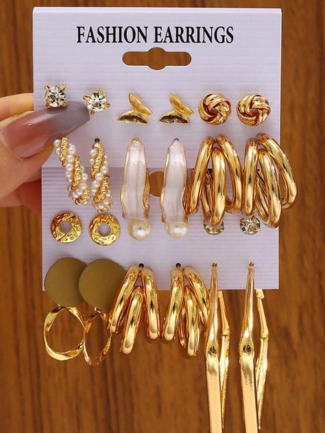 6pairs Fashionable And Simplified Faux Pearl & Rhinestone & Oil Drop Detail Geometric Metallic Earrings For Women's Holiday, Party And Daily Wear Gold    Zinc Alloy     Women Fashion Jewelry, size features are:Bust: ,Length: ,Sleeve Length: Stylish Jewelry Accessories, Dope Jewelry Accessories, Decor Butterfly, Earring Sets, Pearl Decor, Dope Jewelry, Gold Collar, Jewelry Fashion Trends, Bohemian Bracelets