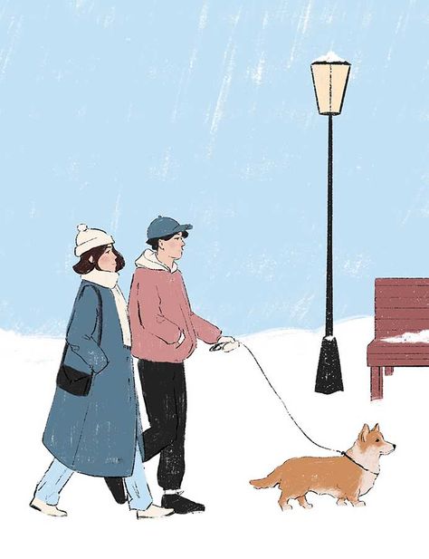 cute couple, winter aesthetic, walking with a dog Couple Winter Aesthetic, Aesthetic Walking, Couple Winter, Walking Together, Aesthetic Illustration, Walking Dog, Couple Walking, Couples Walking, Walk Together