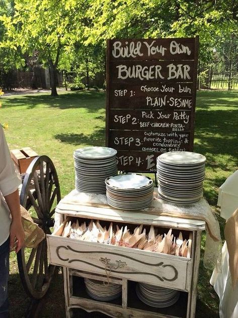 20 Backyard Barbecue Ideas for a Fun Wedding Reception – Hi Miss Puff Backyard Bbq Wedding Food, Build Your Own Burger, Gourmet Burger Bar, Backyard Bbq Wedding, Rustic Wedding Foods, Bbq Buffet, Drink Stations, Wedding Drink Station, Gourmet Burger