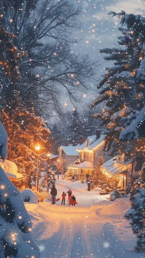 Christmas Good Night, Everyday Life Art, Winter Scenes Wonderland, Snowy Evening, Night Scenes, Winter Christmas Scenes, Mistletoe Christmas, Night Friends, Christmas Scenery