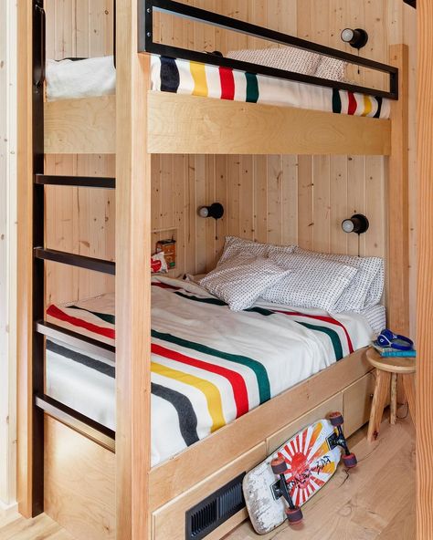 Max Humphrey on Instagram: “Here’s the bunk room at the Cabin on the Coast. It’s a place to rest your head and your skateboard and there’s lil cubbies in each bunk to…” Max Humphrey, Modern Americana, Country Living Fair, Mobile Coffee Shop, Schoolhouse Electric, House Beautiful Magazine, Bunk Room, Luxury Condo, Inspiring Spaces