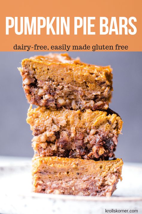 These easy and healthy pumpkin pie bars will save you time this holiday season from baking an entire pie! The crust is made with dates and walnuts and the pumpkin pie filling is dairy free! | krollslkorner.com #krollskorner #pumpkin #pumpkinpie #healthypie #holidaybaking #dairyfree #vegetarian #glutenfreefriendly Healthy Pumpkin Pie Bars, Walnut Bars, Healthy Pumpkin Pie, Dairy Free Pumpkin Pie, Pumpkin Pie Bars Recipe, Healthy Pies, Healthy Pumpkin Pies, Dairy Free Pumpkin, Pie Bar Recipes