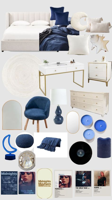 #taylor swift #midnights #navy/blue￼bedroom Dorm Room Ideas Navy Blue, Room Ideas Navy Blue, Pink College Dorm Room Ideas, Navy Room Ideas, Navy Room Decor, Pink College Dorm, College Dorm Room Ideas Aesthetic, Dorm Room Ideas Aesthetic, Aesthetic Navy Blue