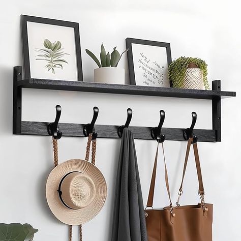 Wood Wall Hooks, Coat Rack Wall Mount, Storage Entryway, Wall Shelf With Hooks, Modern Floating Shelves, Entryway Shelf, Wooden Coat Hangers, Coat Rack Shelf, Shelf Wood