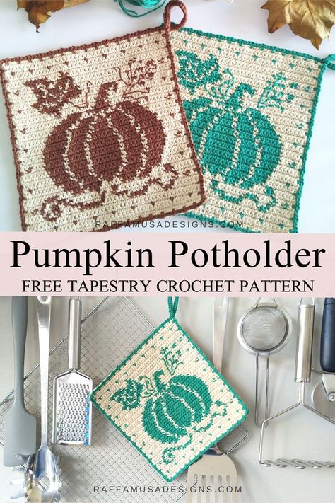 The Tapestry Crochet Pumpkin Potholder of the Farmhouse Collection is beautiful and functional, just perfect for your kitchen fall decor. This hot pad will look great in your home! #trivet #autumn #washcloth #dishcloth #easy #crochet Crocheted Potholders, Crochet Fall Decor, Diy Tapestry, Crochet Potholder Patterns, Crochet Hot Pads, Fall Crochet Patterns, Potholder Patterns, Halloween Crochet Patterns, Crochet Potholders