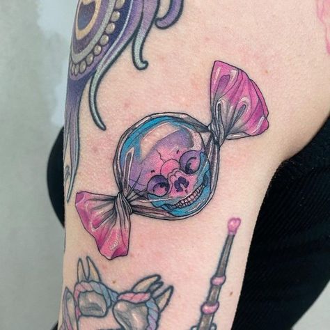 Candy Sleeve Tattoo, Candy Gore Tattoo, Candy Tattoo Design, Skull Candy Tattoo, Sweets Tattoo, Spooky Inspiration, Candy Skull Tattoo, Candy Tattoo, Kawaii Tattoo