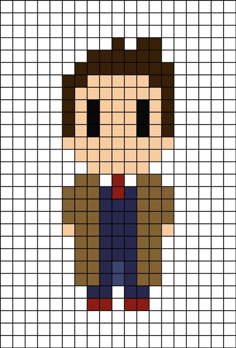 A pixel art template of the tenth Doctor from Doctor Who, played by David Tennant. Tardis Pixel Art, Doctor Who Diy, Doctor Who Perler Beads, Good Omens Perler Beads, Doctor Who Pixel Art, Good Omens Pixel Art, Doctor Who Embroidery, Doctor Who Crochet, Hammer Beads