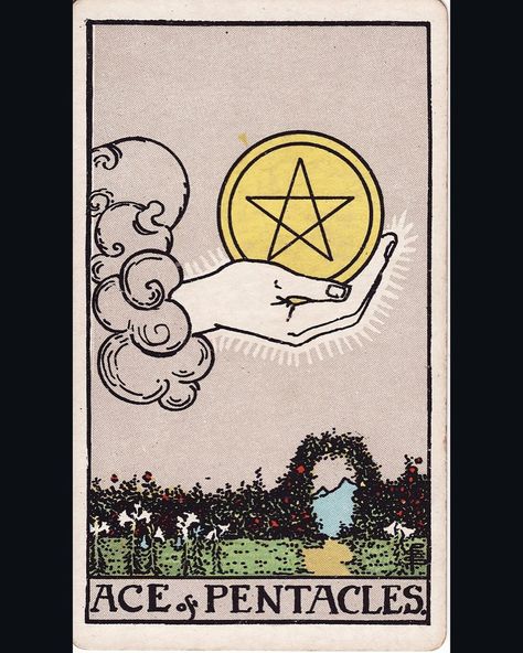 The Ace of Pentacles depicts a hand emerging from the clouds, much like the Aces of the other suits. A large coin sits in the cupped palm, freely available to whoever has the wherewithal to take it. It is as if a new opportunity, associated with wealth, business, and manifestation, has appeared out of nowhere and is now being extended to you in all its glory. The impetus is now on you to accept this offer and turn it into something meaningful and sustainable. The landscape in this card is lus... Ace Of Pentacles Tarot Meaning, Ace Of Pentacles Tarot, Ace Of Cups, The Aces, Ace Of Pentacles, Pentacles Tarot, Tarot Meanings, Pentacles, Out Of Nowhere