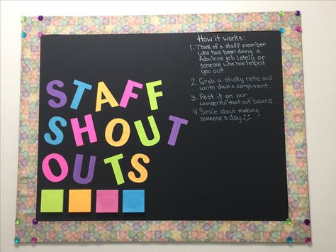 Staff shout out! Amy and I rock! Shout Out Boards Employee, Shout Out Bulletin Board Ideas, Staff Room Well Being Board, Employee Shoutout Board, Shoutout Board Staff, Teacher Shout Out Board, Employee Shout Out Board, Shout Out Board Employee, Staff Shout Out Bulletin Board