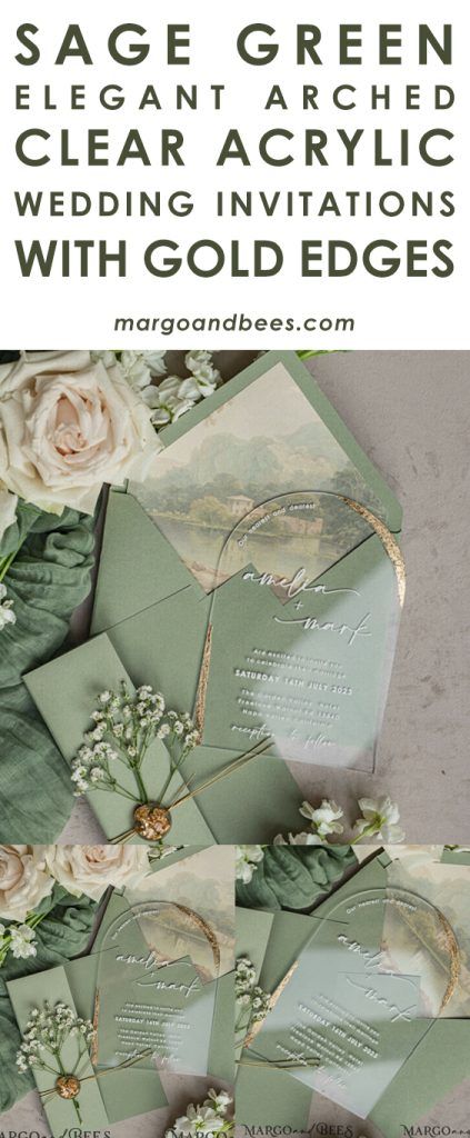 When it comes to announcing your wedding, every detail matters. Our Sage Green Elegant Arched Clear Acrylic Wedding Invitations with Gold Edges are designed to make a lasting impression, blending timeless elegance with modern design elements. A Sophisticated Sage Green Theme The soothing and sophisticated sage green color sets the tone for your wedding, evoking a sense of tranquility and refinement. This elegant hue is seamlessly integrated into the design of our wedding invitations, creating a Sage And Gold Wedding Invitations, Sage Green Wedding Mood Board, Green And Gold Wedding Invites, Sage White And Gold Wedding, Champagne And Sage Green Wedding, Green Wedding Beach, Sage Green And Beige Wedding, Sage And Champagne Wedding, Sage Green And Gold Wedding Theme