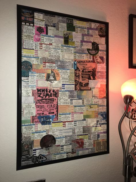 Concert Ticket Shadow Box Display, Memory Wall Ideas Room Decor, Concert Ticket Display Ideas, Memory Display Ideas, Memorbillia Display Ideas, Memory Wall Bedroom, Concert Memory Ideas, Sticker Collage Display, Concert Memorabilia Display