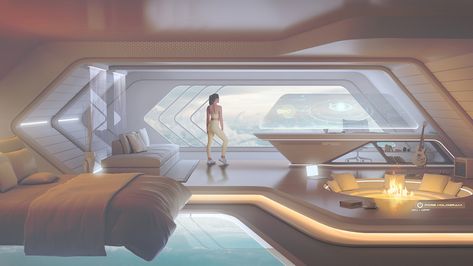 Spaceship Interior Bedrooms, Sky Apartment, Futuristic Rooms, Scifi Room, Futuristic Home Design, Futuristic Apartment, Futuristic Room, Futuristic Bedroom, Scifi Interior