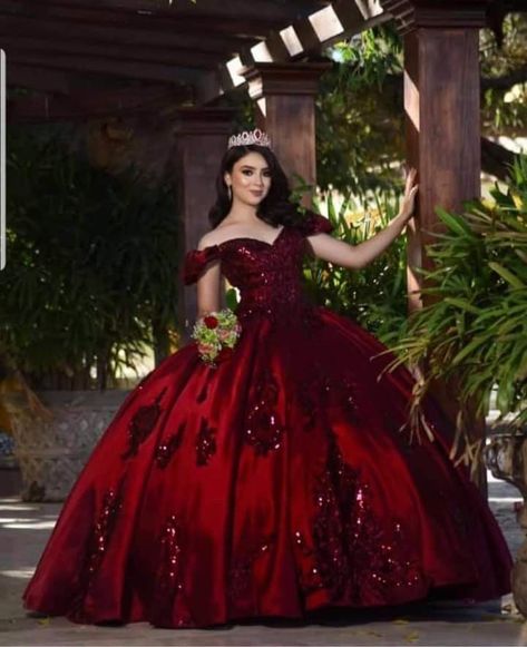 Dark Red Quinceanera Dresses, Red Quince Dress, Down Quince Hairstyles, Burgundy Quinceanera Dresses, Quinceanera Dresses Mexican, Quinceanera Dresses Red, Lavender Quince, Crown Updo, Xv Dresses