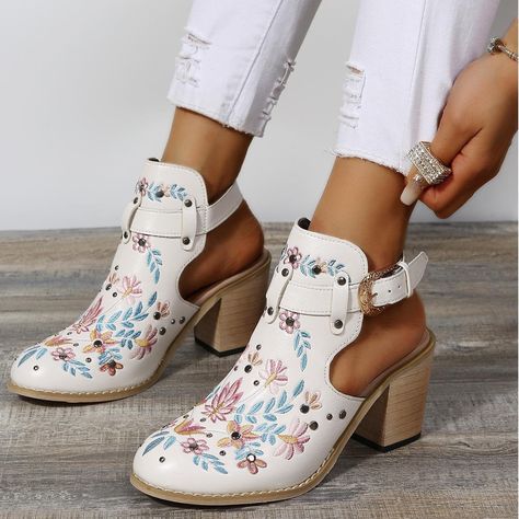 Cutout Ankle Boots, Rough Heels, Floral Boots, Chunky Heel Pumps, Chunky High Heels, Buckled Heels, Peep Toe Sandals, Open Toe Sandals, Thick Heels