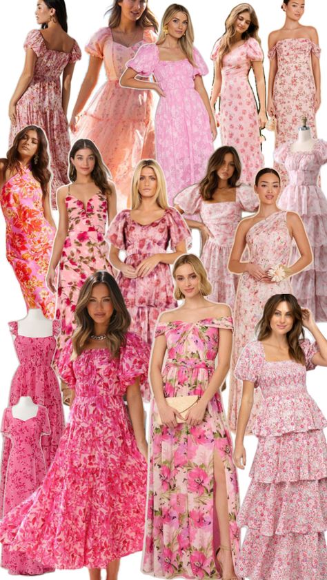 Pink Bridesmaids Dresses for garden party wedding, wildflower spring wedding inspiration aesthetic collage, floral pink bridesmaids dress Pink Bridesmaids Dress, Party Dress Aesthetic, Floral Bridesmaids, Pink Bridesmaids Dresses, Party Dress Codes, Pink Bridesmaids, Floral Bridesmaid Dresses, Dress Code Wedding, Pink Bridesmaid Dress